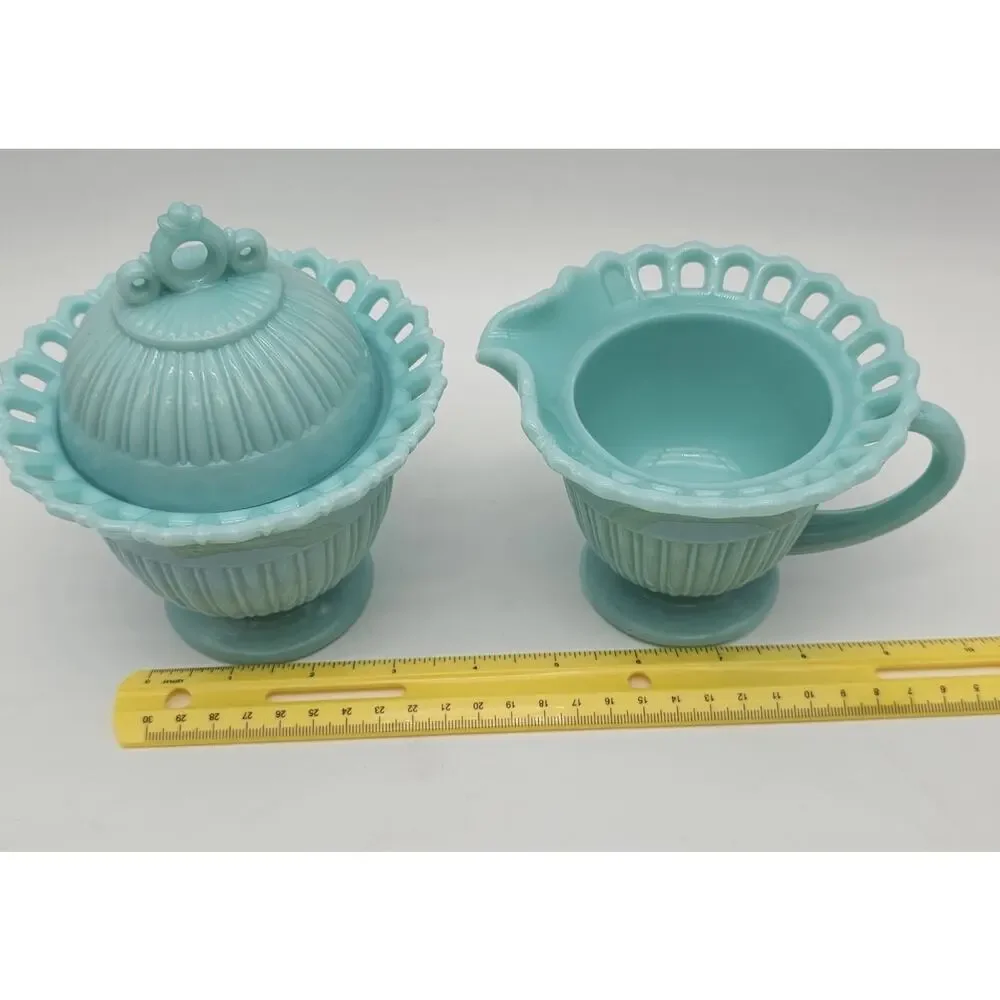 Fostoria Randolph Blue Milk Glass Cream Sugar & Candlestick Holder Set